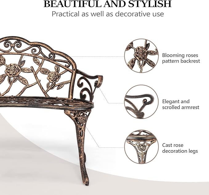 VINGLI 38.5" Patio Park Garden Outdoor Metal Rose Bench, 2-Person Cast Iron Cast Aluminium Frame Antique Finish Chair,Accented Lawn Front Porch Path Yard Decor Deck Furniture (Bronze, Rose)