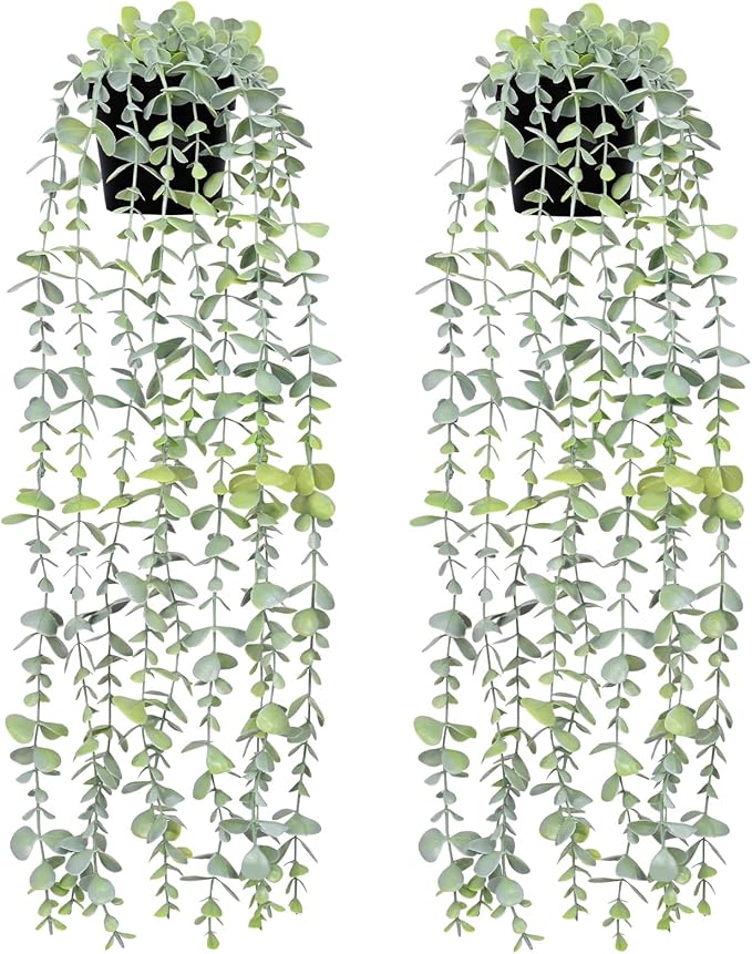Waipfaru 2Pcs Fake Hanging Plants with Pot Light Green Eucalyptus Leaves UV Resistant Fake Vines Ivy Artificial Plants Outdoor Faux Plants Indoor Bedroom Living Room Boho Wall Porch Shelf Decor
