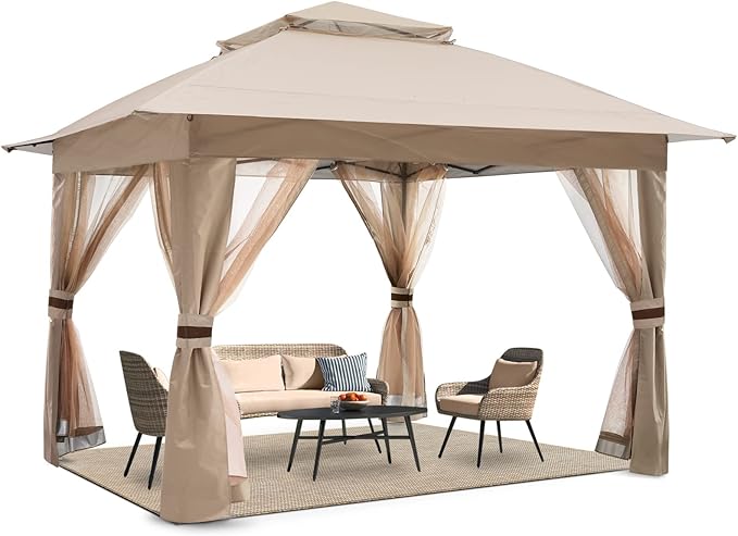 COOSHADE 13x13 Pop Up Gazebo Tent Outdoor Canopy Patio Shelter with Mosquito Netting(Khaki)