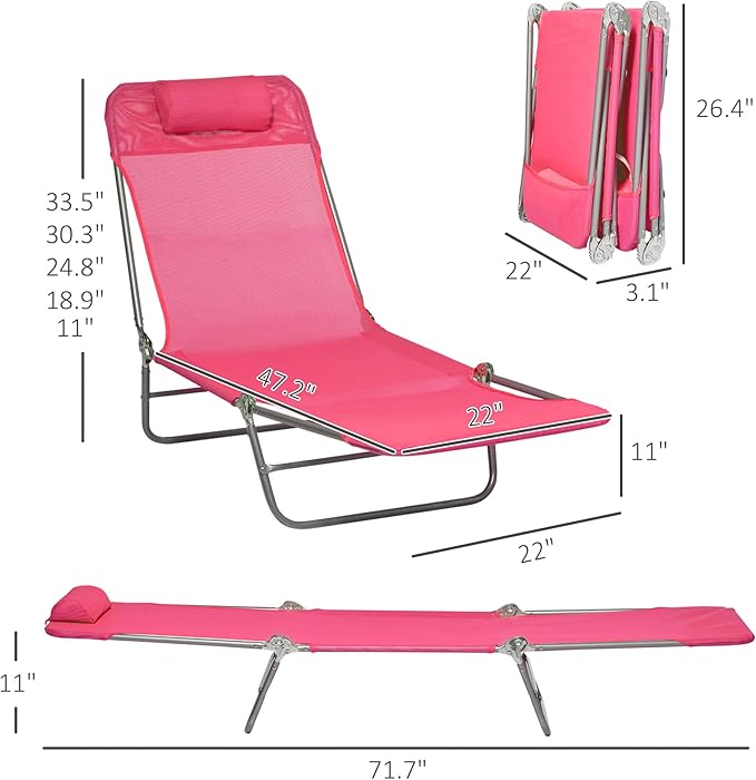 Outsunny 2 Piece Folding Chaise Lounge Chairs, Pool Sun Tanning Chairs with Reclining Back, Breathable Mesh Seat, Headrest for Beach, Yard, Patio, Pink