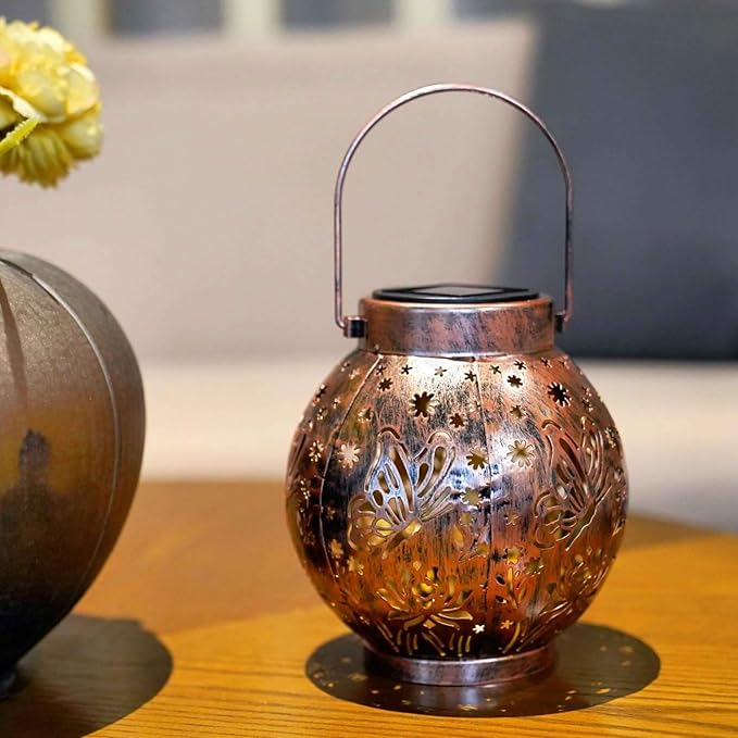 2 Pack Outdoor Solar Hanging Lantern Lights Metal LED Decorative Lamp for Garden Patio Courtyard Lawn and Table with Hollowed-Out Design (Bronze Butterfly)