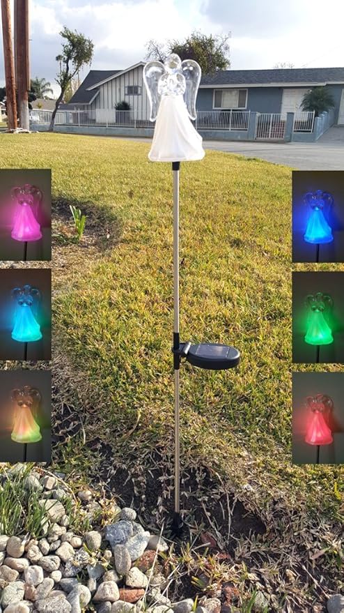 Solar Garden Stake Lights with Color Changing LED or Regular White LED Landscape Path Lights (Set of 2) (Acrylic Angel)
