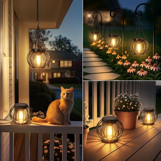 Solar Lanterns Outdoor Waterproof: 2 Pack Metal Hanging Decorative Solar Lights for Pathway Patio Garden Yard - 800mAh Lighting Auto On/Off - IP65 Rustproof Outdoor Lights - Gifts for Mom Women