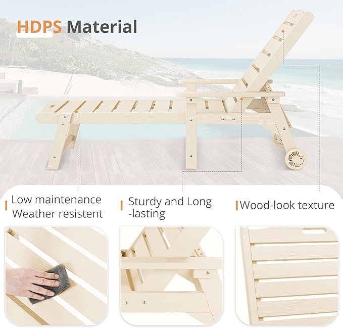 LUE BONA Chaise Lounge Chair with Table, 6-Piece, HDPS Chaise Lounger, 5 Positions Adjustable Lounge Chairs, Pool Lounge Chair with Wheels for Poolside, Backyard, Sand