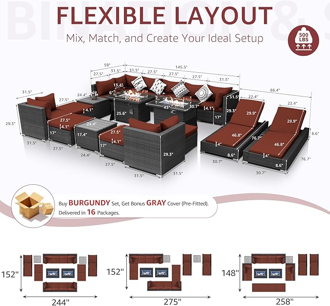 NICESOUL 18 Piece Outdoor Patio Furniture Set with Fire Pit and Chaise Lounge, 500 lbs High Weight Capacity Outdoor Sectional with Fire Pit, 14-Seat Deep Seating Sectional, Grey & Burgundy