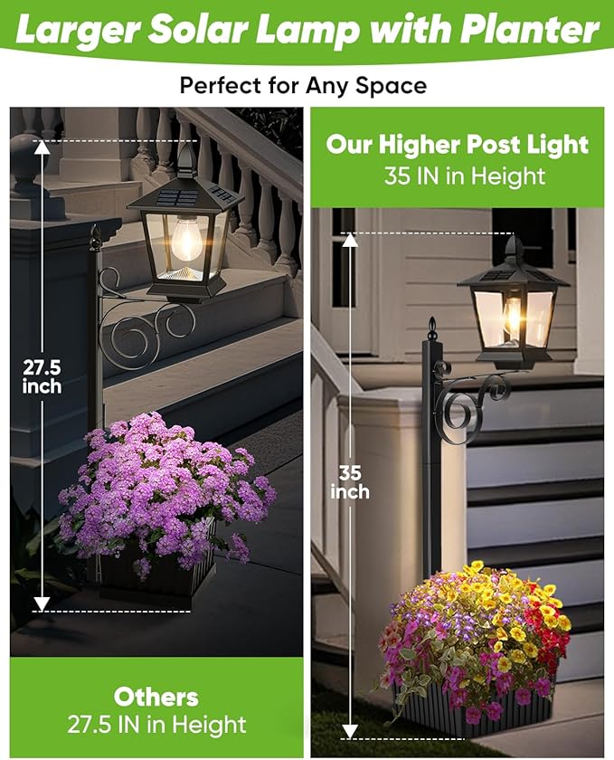 2-Pack Solar Lamp Post Light with Planter, 35Inch 2 in 1 Outdoor Flower Pots, 2700K Solar Lamps Outdoor Waterproof, Decorative Planters & Lights for Porch, Garden, Patio, Lawn, Front Door