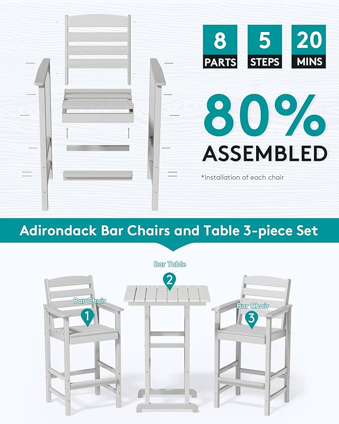 SERWALL 6 Pieces Outdoor Patio Bar Set with 9ft Umbrella, Outdoor HDPE Barstool and Table Furniture Set with Patio Umbrella, White