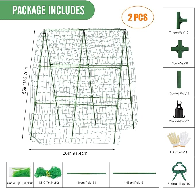 2PCS Cucumber Trellis for Climbing Plants Outdoor, Garden Trellis for Raised Bed Garden,Vegetable Grow Supports with Climbing Net for Tomato Bean Squash, Grape Zucchini (2PCS)