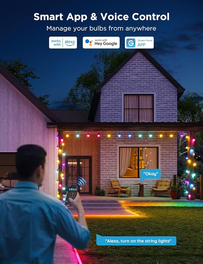 Govee Smart Outdoor String Lights 2, 96ft RGBIC Outdoor Lights with Dimmable Warm White LED Bulbs, 47 Scene Modes for Patio, Backyard, IP65 Waterproof, Compatible with Alexa, App Control