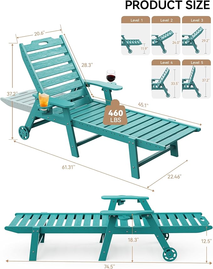 Carauci Lounge Chair Outdoor Set of 2, HDPE Chaise Lounge with Wheels, 5-Position Adjustable Backrest & 2 Cup Holders Patio Lounge Chair, All-Weather Pool Sun Lounger for Poolside, Backyard, Lake Blue