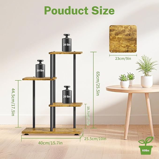 iDavosic.ly 3 Tier Plant Stand Indoor, Tiered Corner Metal Wood Multiple Flower Holder Shelf, 25 Inch Tall Orchid Display Rack for Patio Porch Living Room Balcony Outdoor, Modern Black & Rustic Brown