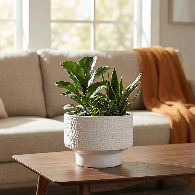 13 Inch Ceramic Plant Pots, Planter Pot with Drainage Hole, Honeycomb Ceramic Flower Pot Outdoor Indoor, Large Modern Decorative Planters for Home/Office Plants, White