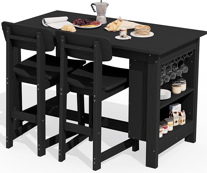 SERWALL 3-Piece Outdoor Counter Height Bar Set, HDPE Patio Bar Table with Wine Rack & Storage Shelf, 2 All-Weather Bar Stools, Patio Bar Dining Furniture Set for 3, Black