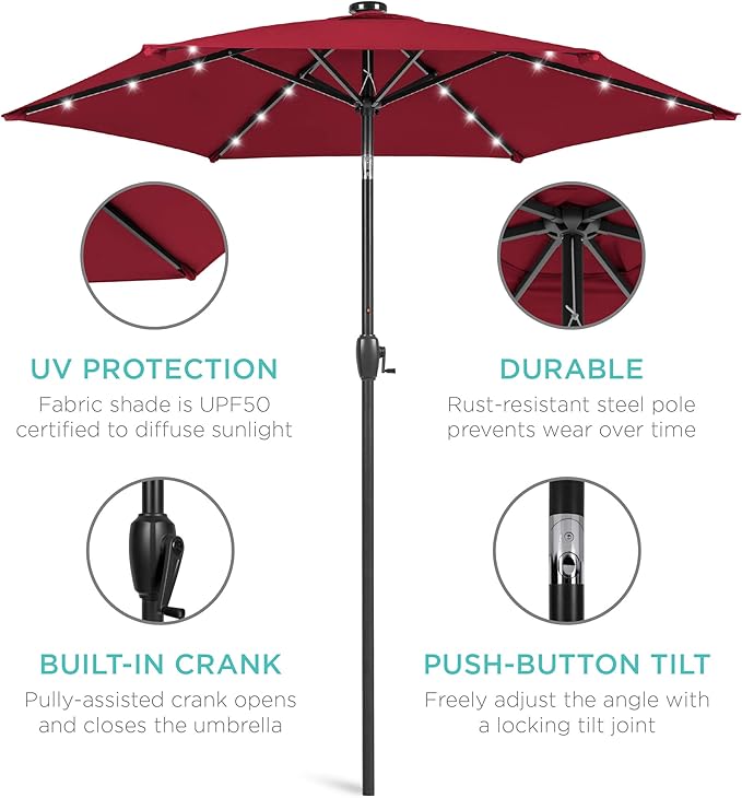 Best Choice Products 7.5ft Outdoor Solar Market Table Patio Umbrella for Deck, Pool w/Tilt, Crank, LED Lights - Burgundy