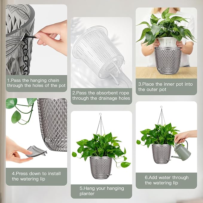 QCQHDU Self Watering Hanging Pots, 2 Pack 7.2 Inch Hanging Planters for Plants Indoor, Outdoor Flower Pots with Drainage Holes and 3 Hooks Chains for Garden Home (Gray)