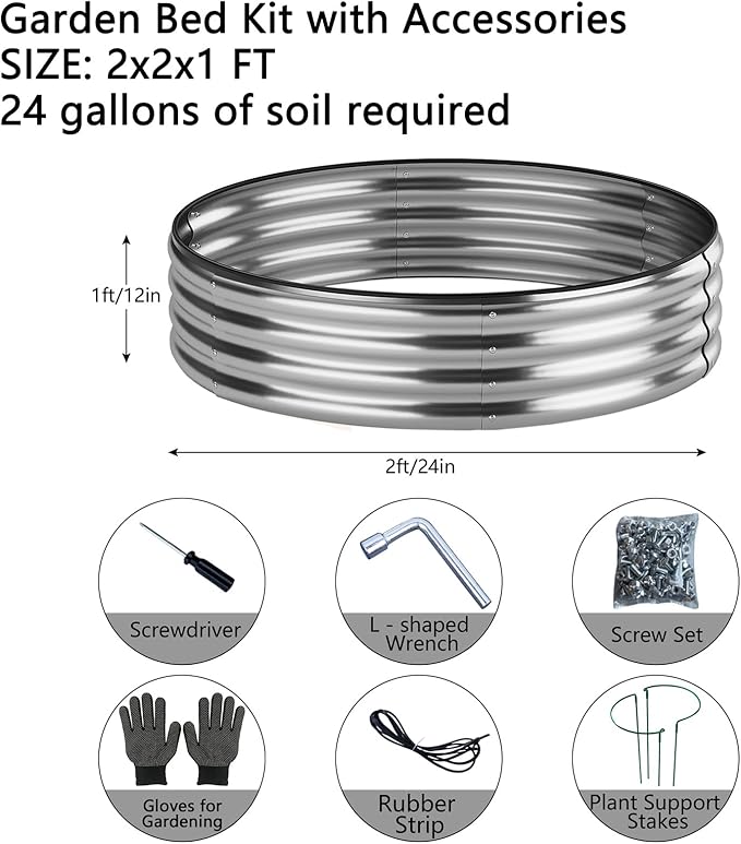 Fire Ring Pit Round Galvanized Fire Ring for Outside Fire Pit Garden Bed Kit，Height 12 Inch, 2x2x1ft Round Galvanized Steel Fire Pit