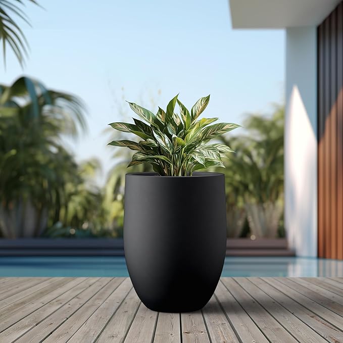 Kante 21.7 Inch Tall Concrete Planter, Large Indoor Outdoor Plant Pot with Drainage, Smooth Black Finish with Painted Interior, Ideal for Porch, Home, Garden, Patio