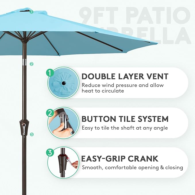 JEAREY 9FT Patio Umbrellas Outdoor Table Umbrella with Push Button Tilt and Crank, Market Umbrella 8 Sturdy Ribs UV Protection Waterproof for Garden, Deck, Backyard, Pool (Sky Blue)