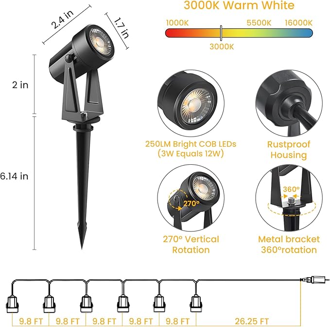 Svater Low Voltage Landscape Lighting Outdoor, 3W 250 LM Plug-in Outdoor Spotlights with Transformer for House Yard Pathway, 3000K Warm White Spot Lights IP65 Waterproof - 6 Pack