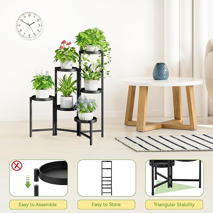 iDavosic.ly Plant Stand Indoor Outdoor, 6 Tier Corner Metal Flower Display Holder Shelf, Easy Assembly Folding Tall Orchid Rack for Patio Balcony Porch Garden Living Room House, Black
