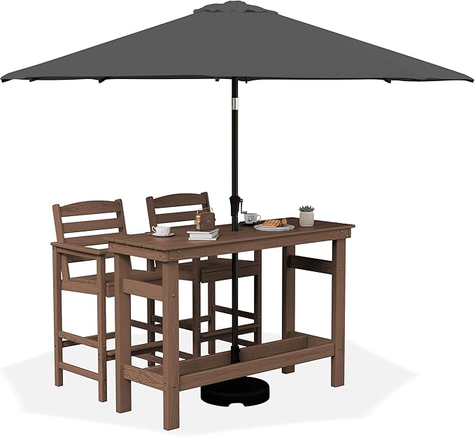SERWALL Outdoor Bar Set with 9ft Umbrella, All-Weather HDPE Patio Bar Chairs and Table, Outdoor Furniture Set for Poolside, Backyard, Garden - Brown