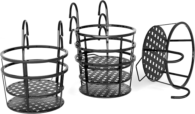 CADANI Iron Hanging Plant Holder Over The Rail Metal Fence Planters, Hanging Bucket Flower Pot Holder for Patio Balcony Outdoor Plants - Pack of 6 (Black)