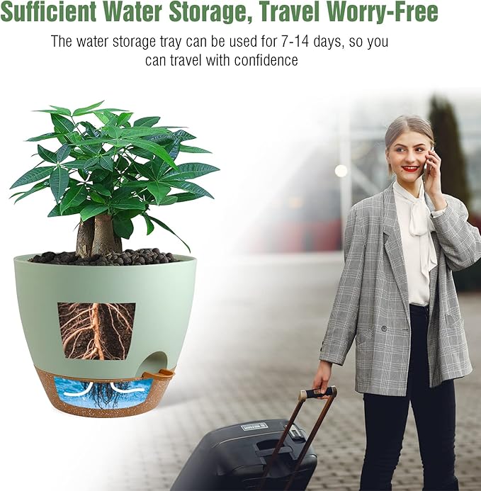 12inch 2Pack Large Self Watering Planters, Plastic Plant Pots with 60oZ Removable Deep Reservoir and Multi Mesh Drainage Holes for Indoor Outdoor Garden Plants and Flowers, Green with Brown