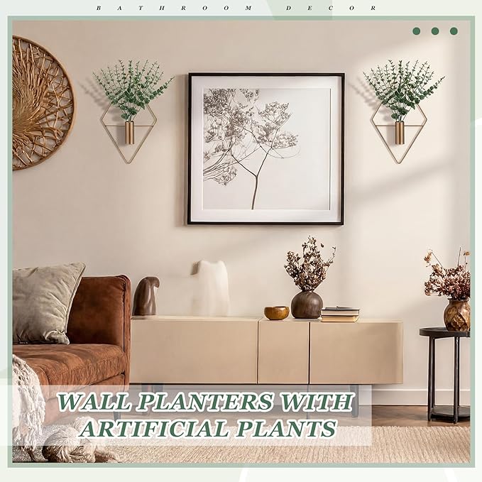 4 Pieces Bronze Wall Decor Hanging Planters with Artificial Plants Metal Hanging Vase Indoor Plants Holder Modern Boho Wall Art for Bathroom Bedroom Living Room Decor, Eucalyptus