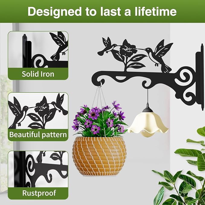 Elegant Bird Pattern Wall Hooks - 10/12/14 Inch Metal Plant Hangers for Indoor & Outdoor - Rust-Resistant Bracket for Plants, Feeders, Chimes, Lanterns (2, Black, 10 inch)