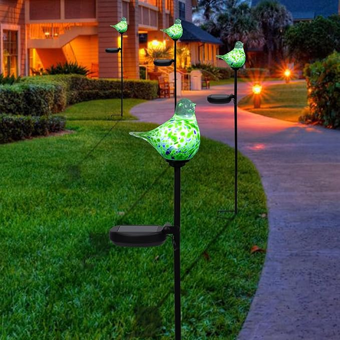 Bshine Solar Garden Decoration Outdoor Green Bird Lights, 2 Pack Hand Blown Glass Bird Waterproof Solar Light Stake Hummingbird Decorate Paths, Pathways, Lawns and Yards Art for Mom