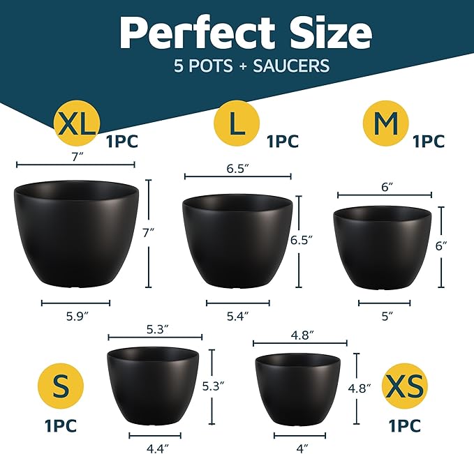 Lifemaster Plant Pots with Multi Drainage Holes - 5 Pieces Versatile, Sturdy Plastic, Stackable Design Home Decor Flower Pots for Indoor and Outdoor Gardening - Black