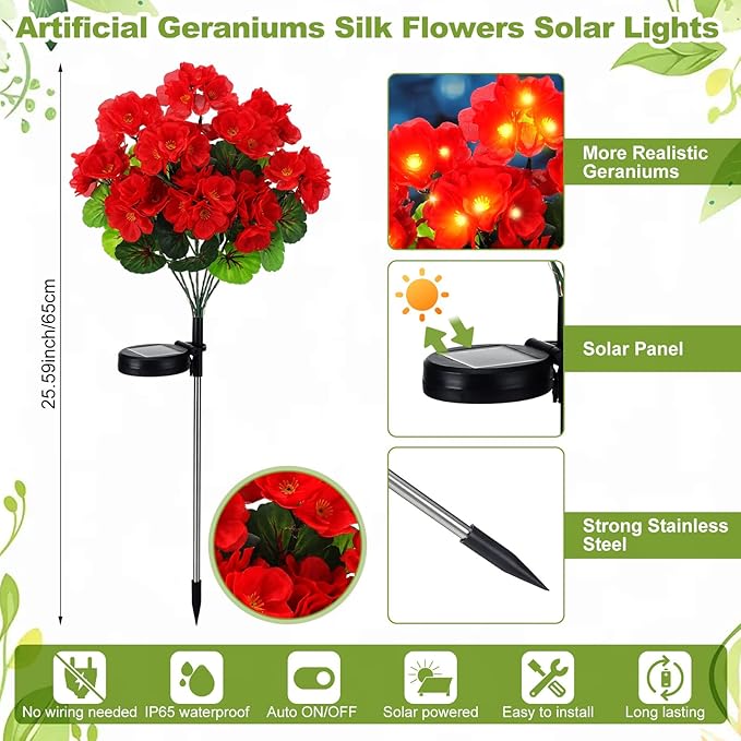 2 Pcs Solar Geraniums Lights Outdoor Waterproof for Garden Spring Decor Light with 10 Solar Geraniums Light for Outside Stake Decorative Auto On/Off for Garden Yard Backyard Patio