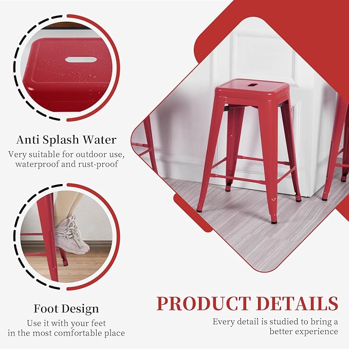 FDW Metal Bar Stools Set of 4 Counter Height Bar Stools 24 Inches Industrial Bar Chairs Patio Stool Stackable Backless Stool Indoor Outdoor Metal Kitchen Stools Bar Chairs (Red, 24")