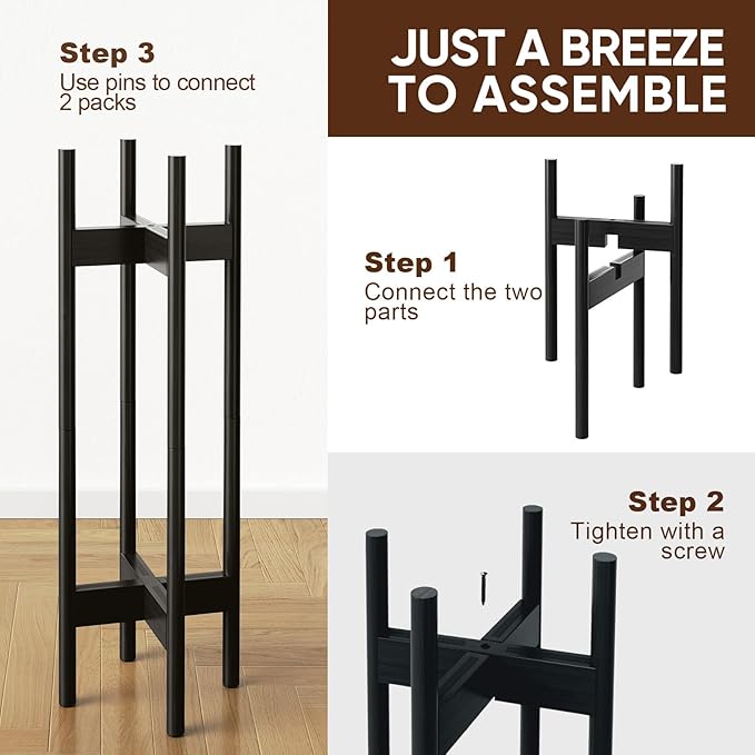 MUDEELA 2 Pack Indoor Plant Stands, 2 Tier Tall Plant Stand 30 inches, Mid Century Bamboo Plant Stand, Adjustable Width 8 - 12 inches, Fits Pot Size of 8 9 10 11 12 inches Pot & Plant Not Included, Black