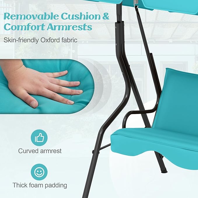 Tangkula 3 Person Porch Swing, Patio with Removable Cushion & Powder-Coated Steel Frame, Outdoor Swing with Canopy for Porch, Backyard, Garden, Balcony (Turquoise)