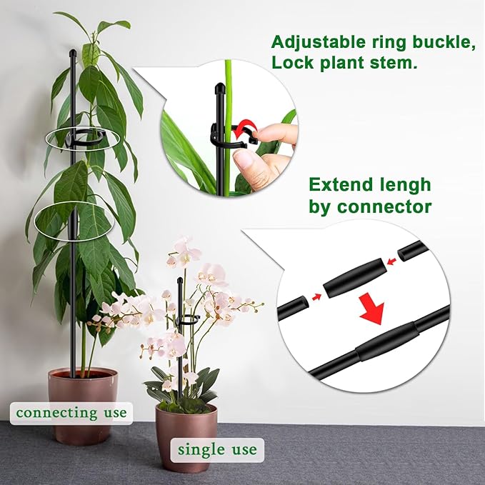 Plant Stakes 17inch &11inch SupKing Adjustable Length Plant Support Stake 16Pcs Orchid Sticks with Clips for Indoor Outdoor,Garden Poles for Potted Tomato Amaryllis Vegetables with 20 Ties (Black)