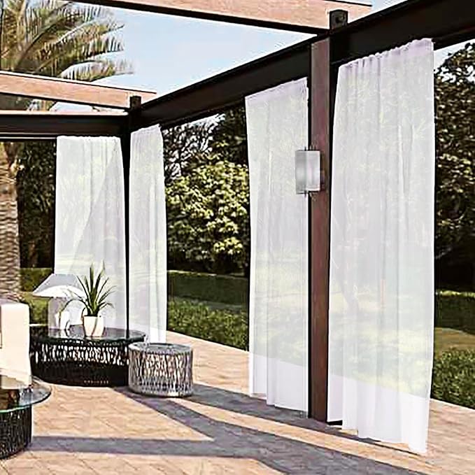 SpaceDresser Waterproof Outdoor Sheer Curtains for Patio - 4 Panels Rod Pocket Indoor Voile Sheer Curtain for Living Room,52W x 84L inch, White