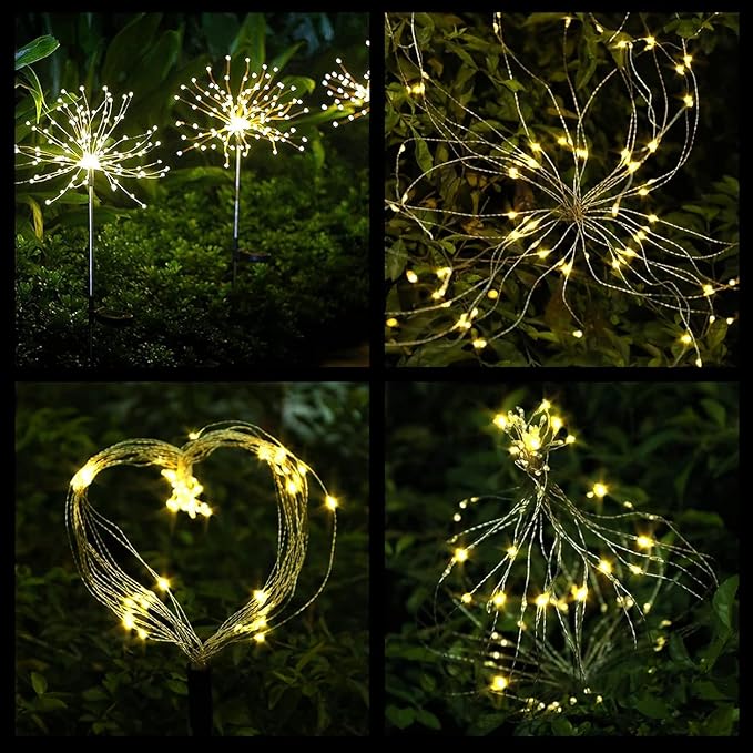 FOOING 4 Pcs Solar Garden Lights Solar Firework Lights, 480 LED Solar Powered String Light 2 Modes Twinkling Solar Lights for Garden, Wedding, Party, Patio(Warm White), 100182987