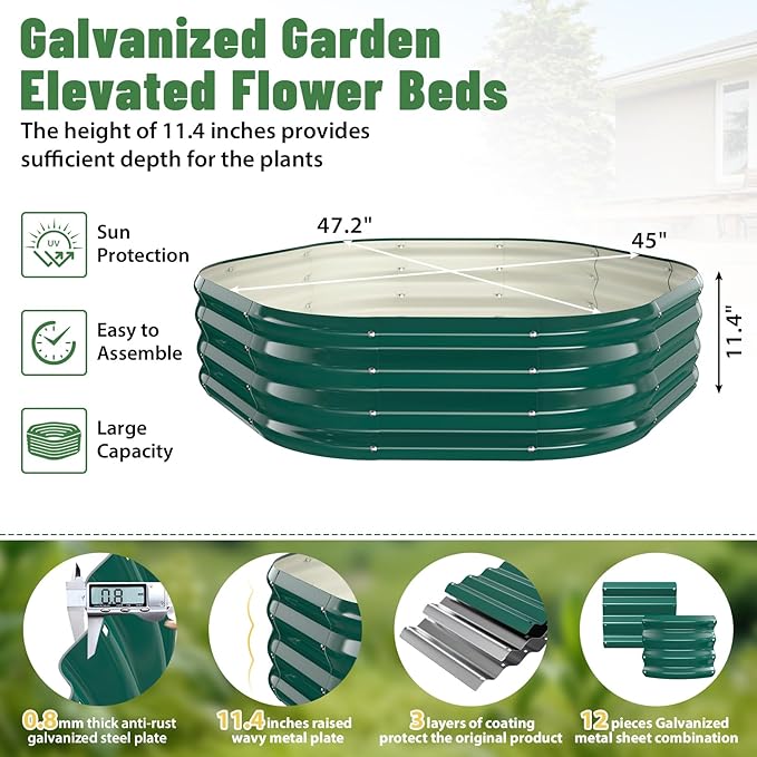 Hexagon Raised Garden Bed, 48 Inch Diagonal & 12 Inch Tall, Galvanized Steel Planter Box with Wave-Shaped Metal Panels for Outdoor Flower,Tree,Herb & Vegetable Garden (Dark Green, 4FT X 1FT)
