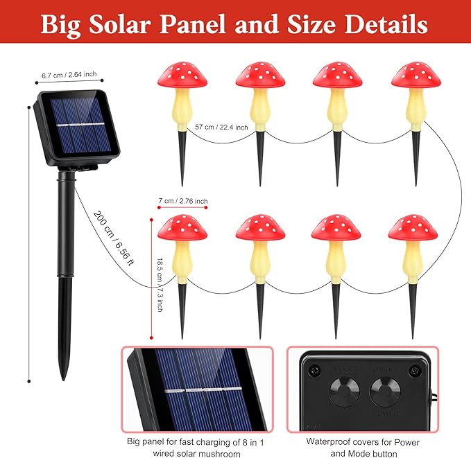 Mushroom Solar Lights Outdoor Waterproof, Whimsical and Cute Solar Mushrooms Stake Lights for Outside with 8 Lights and 8 Modes for Fariy Garden Yard Lawn Path Planter Flower Bed Decor (Red)