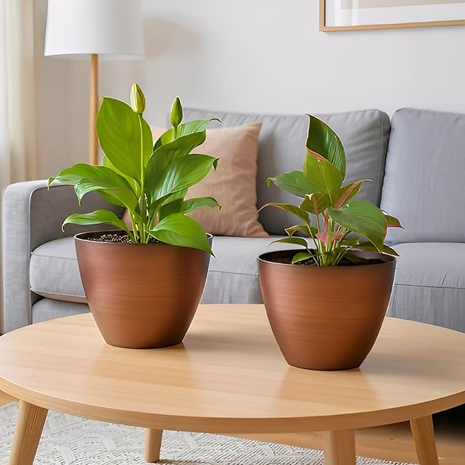 2 Pack Plastic Plant Pots with Drainage Holes, 8 inch Planter for Indoor Outdoor Plant, Garden Flower Pots for Aloe, Herbs, Cactus (Brushed Copper, 2pcs)