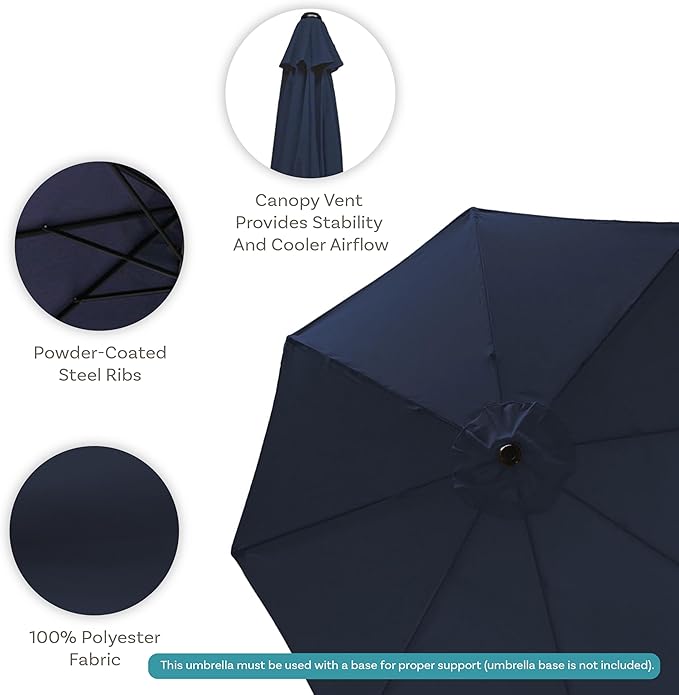 Sunnydaze Outdoor Patio Umbrella - Polyester Table Market Umbrella with Push-Button Tilt and Crank - 8 Sturdy Ribs - Navy Blue - 9ft