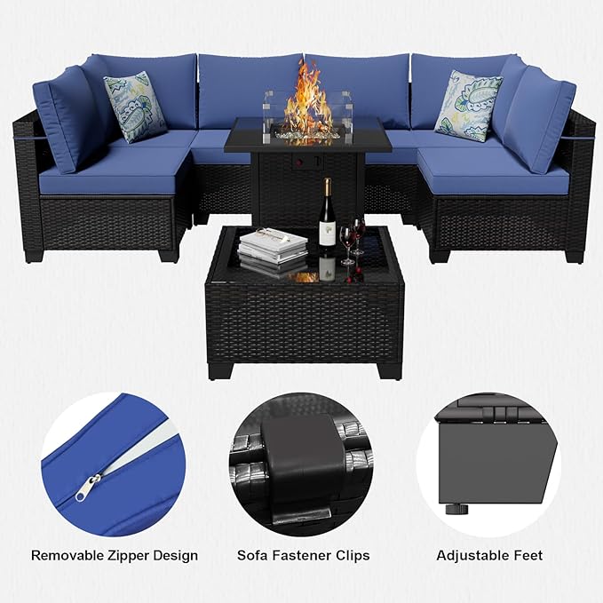 8-Piece Patio Furniture Set with 50,000 BTU Fire Pit Table - Wicker Outdoor Sectional Sofa Set for Backyard Deck Garden (Brown/Blue)