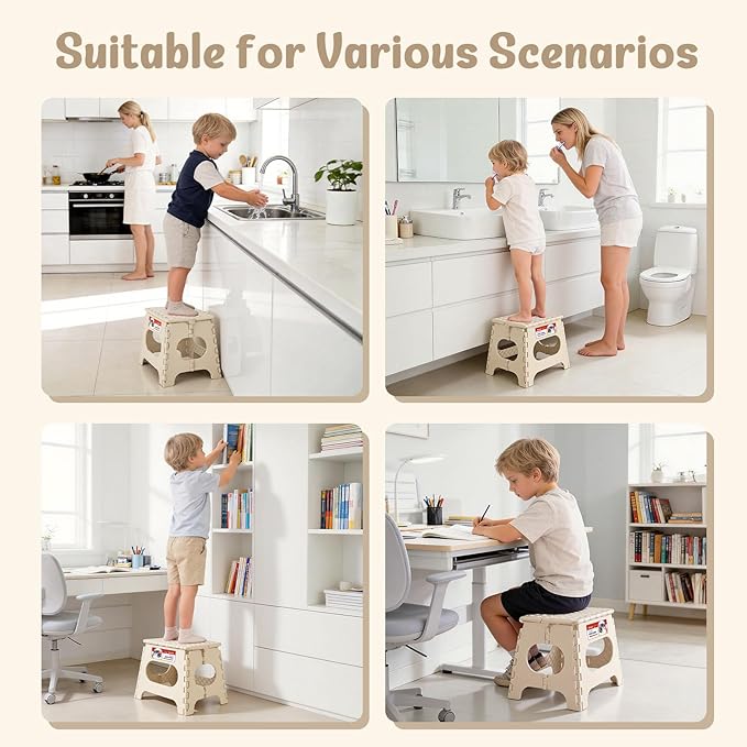 ACSTEP Folding Step Stool 11 Inch, Sturdy Plastic Foldable Step Stool for Kids & Adults, Non Slip Lightweight Collapsible Foot Stools Holds 300 lbs, Ideal for Kitchen, Bathroom, Outdoor, Khaki
