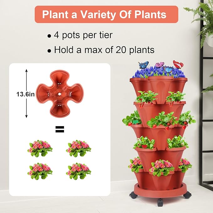 GameXcel Vertical Planter, 5 Tier Stackable Strawberry Planter with Garden Tool Set, Movable Indoor/Outdoor Garden Herb Pot for Growing Vegetables and Succulents, Red
