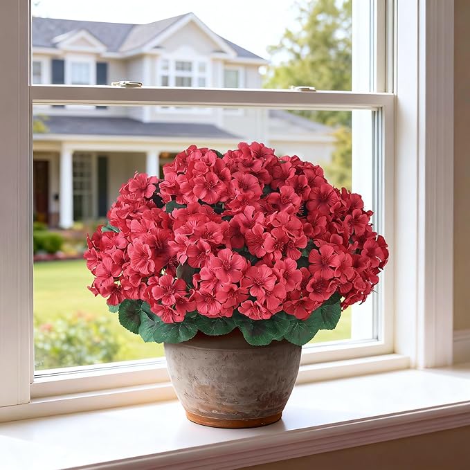 2 Pack Artificial Geranium Flowers Topitary Trees for Outdoors, UV Resistant Geraniums Potted Bushes Look Real Silk Faux Plants for Front Door Garden Porch Planter Farmhouse Home Decor (Red)