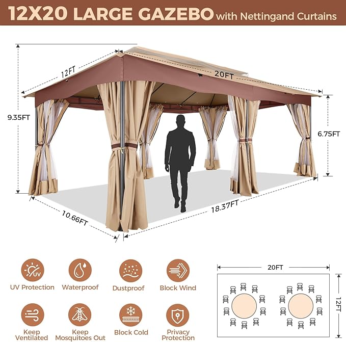 COBIZI Gazebo 12x20 Heavy Duty Gazebos with Curtain and Netting Outdoor Gazebo Canopy Double Roof Patio Gazebos with Metal Steel Frame for Patio, Deck, Backyard-Khaki