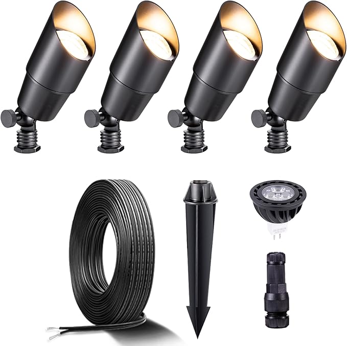 Gardenreet Black Brass Landscape Lighting Kit (4-Pack LED Spotlights) with 100 Feet Cable and 20Pack Wire Connectors for Outdoor House Garden Patio Without Low Voltage Transformer