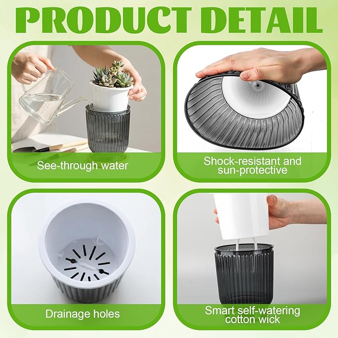 Set of 6 Self Watering Plant Pot 3 Sizes Plastic Double Layer Self Watering Flower Pot with Multi Mesh Drainage Holes Wicking Reservoir for Indoor Outdoor Garden Plants(Black)
