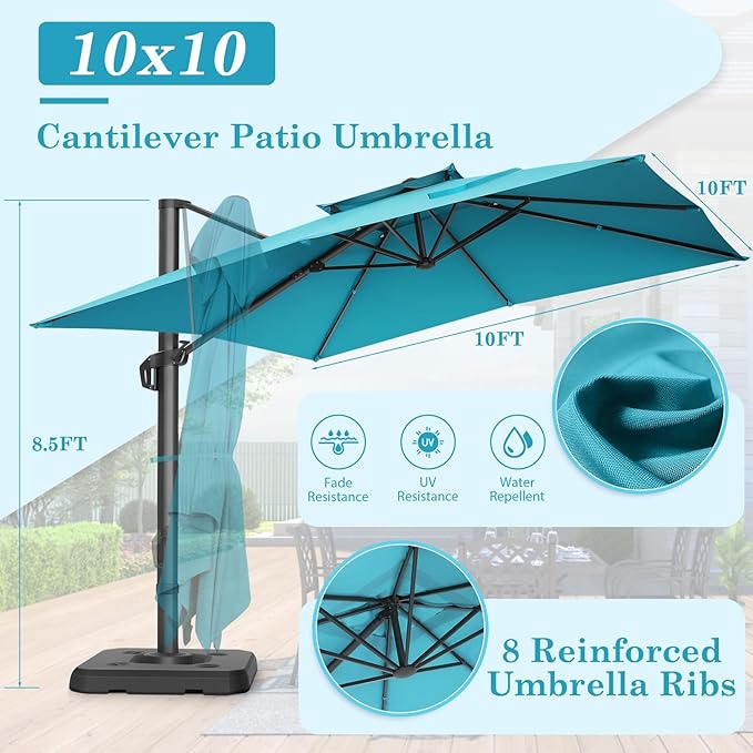 HOTEEL10x10ft Patio Umbrella Cantilever Umbrellas - Upgrade and Intensify - 360 Rotation and 5 Angles Adjustment - Aluminum Offset Pool Umbrella Outdoor Umbrellas for Patio Garden Pool